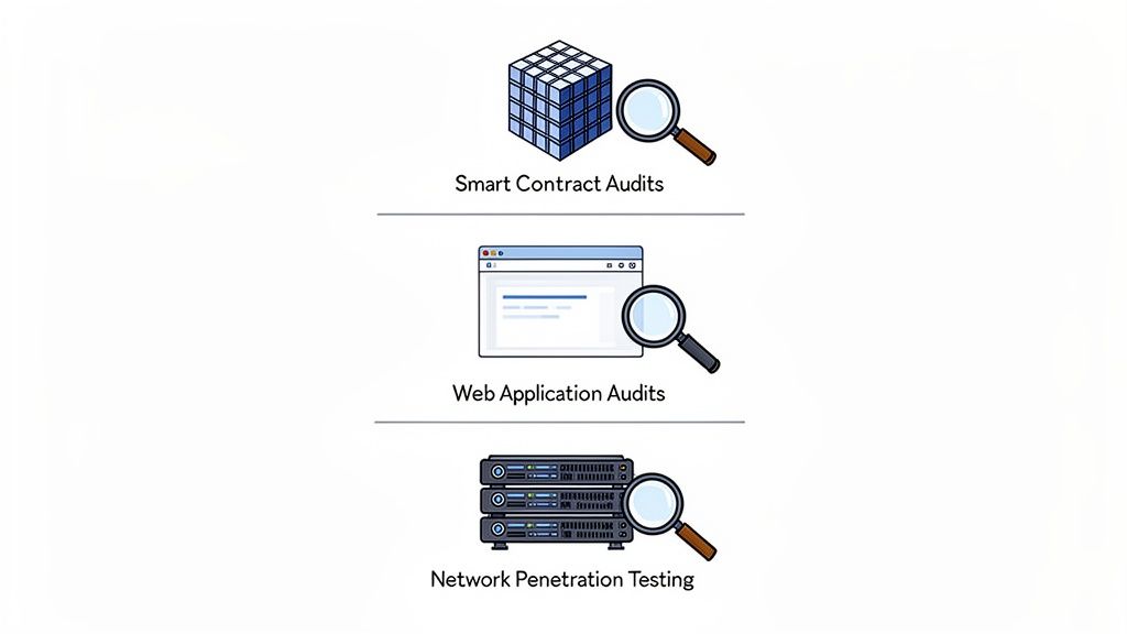Illustrations of security audit services: smart contract, web application, and network penetration testing.