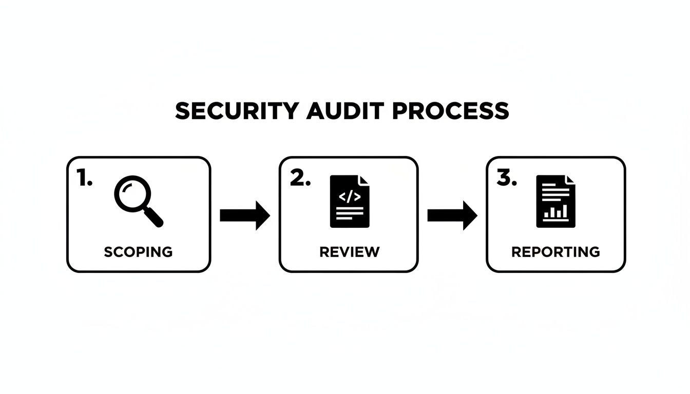 A three-step security audit process flow: Scoping, Review, and Reporting, illustrated with icons.