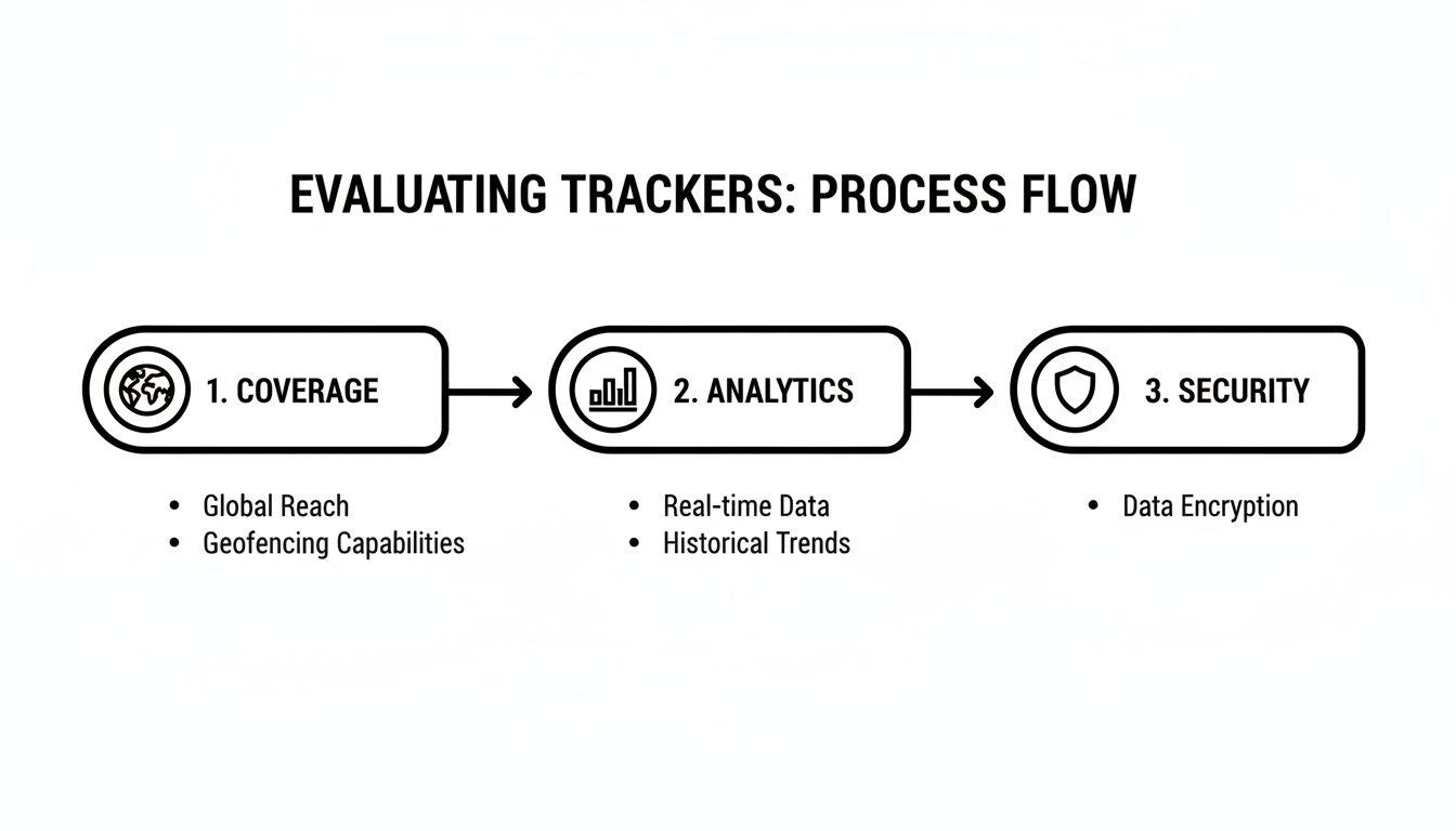 Process flow diagram showing three steps: Coverage, Analytics, and Security for evaluating trackers.