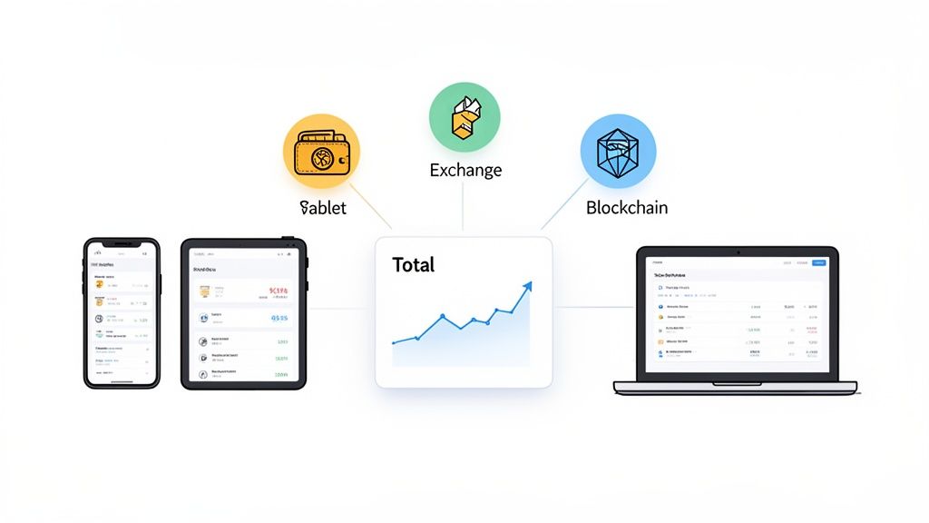 Digital portfolio management system connecting mobile, tablet, laptop with wallet, exchange, and blockchain services.