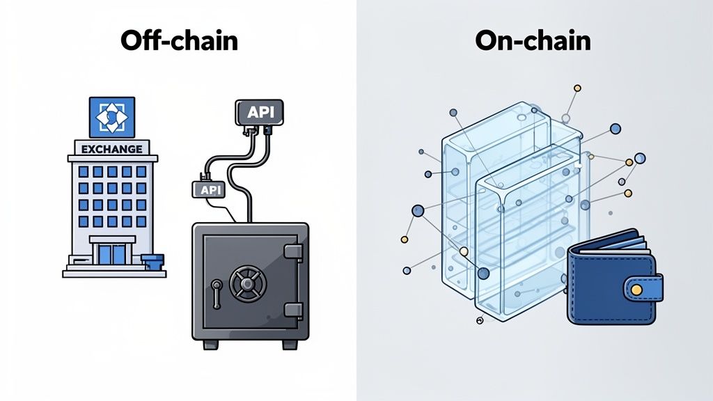 An image showing the difference between off-chain (exchange, safe, API) and on-chain (blockchain, wallet) transactions.