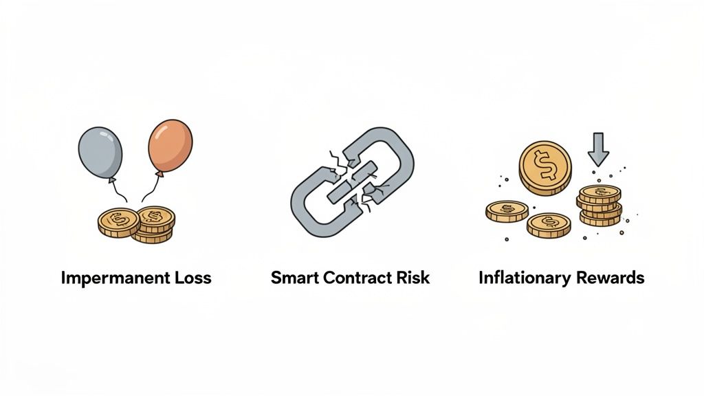 Illustrations showing impermanent loss, smart contract risk, and inflationary rewards in cryptocurrency.