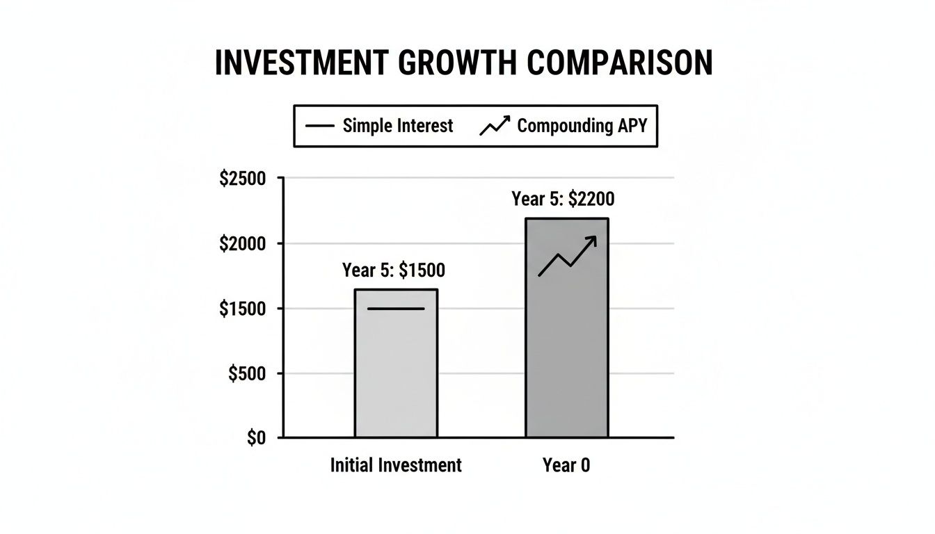 Bar chart comparing investment growth: simple interest reaches $1500, while compounding APY reaches $2200 in five years.