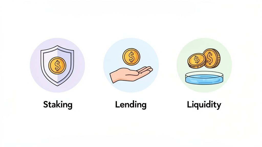 Three icons illustrating cryptocurrency concepts: Staking (shield), Lending (hand with coin), and Liquidity (coins over liquid).