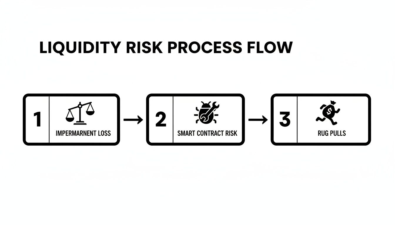 A diagram illustrating the liquidity risk process flow, detailing impermanent loss, smart contract risk, and rug pulls.