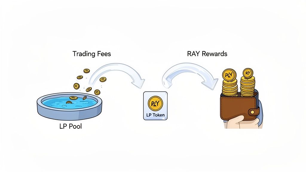 Diagram illustrating how trading fees contribute to a liquidity pool, generating LP tokens and RAY rewards.