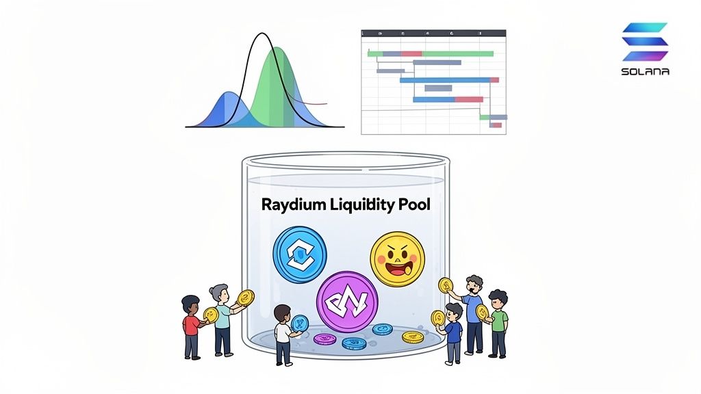 Illustration of a Raydium Liquidity Pool with people adding crypto tokens, alongside charts and Solana logo.