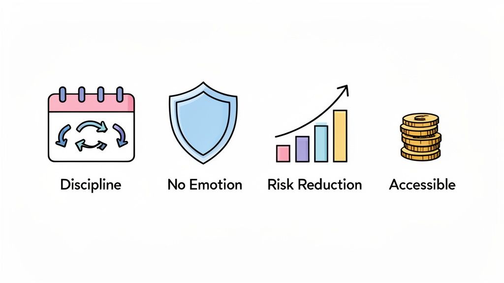 Four icons illustrating Discipline, No Emotion, Risk Reduction, and Accessible, key principles of DCA.