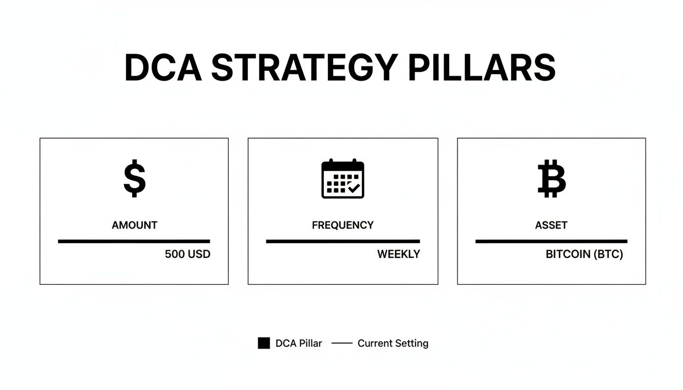 DCA strategy pillars showing amount 500 USD, weekly frequency, and Bitcoin asset.