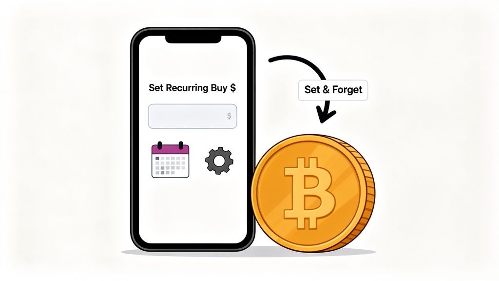 A smartphone app to set recurring crypto buys, with a 'Set & Forget' arrow pointing to a Bitcoin coin.
