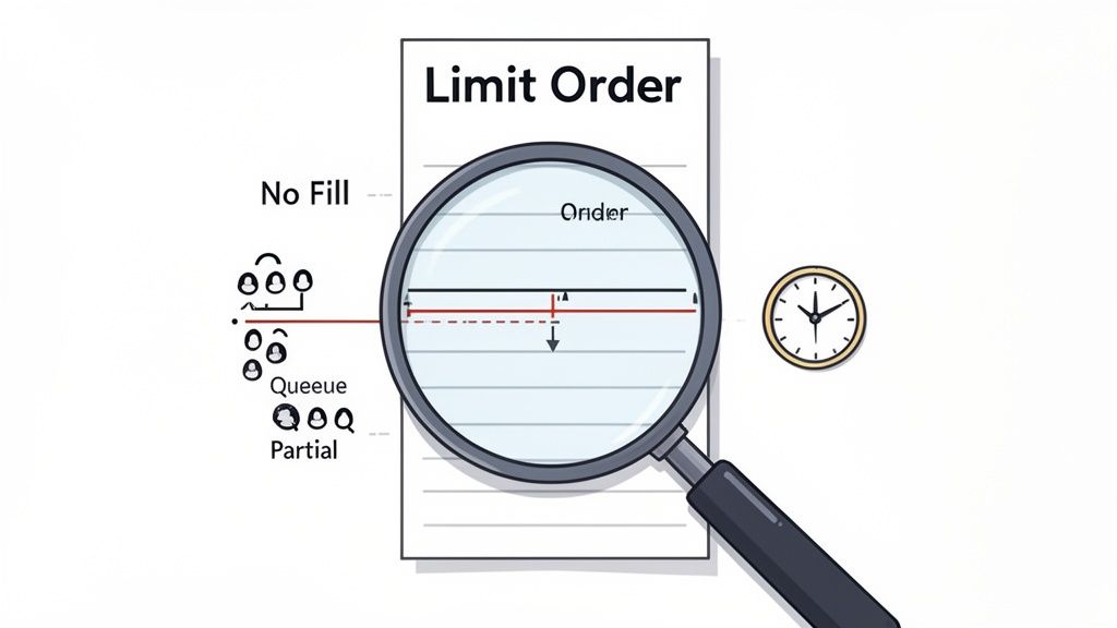 Illustration showing a magnifying glass over a 'Limit Order' document, detailing order execution statuses and a clock.