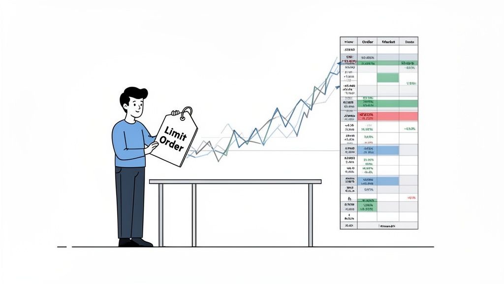 A cartoon man holds a 'Limit Order' tag, illustrating stock market trading and financial data.