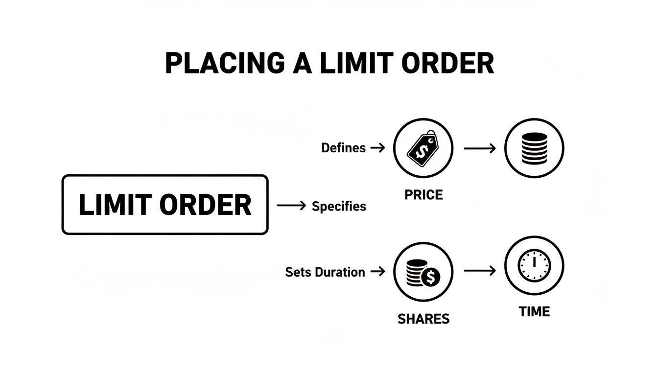 Diagram showing how to place a limit order, specifying price, shares, and time.