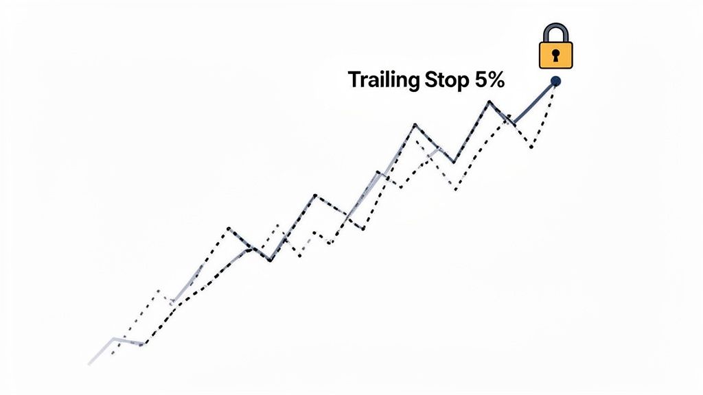 A financial graph illustrates an upward trend with a trailing stop-loss, marked by a padlock at 5%.