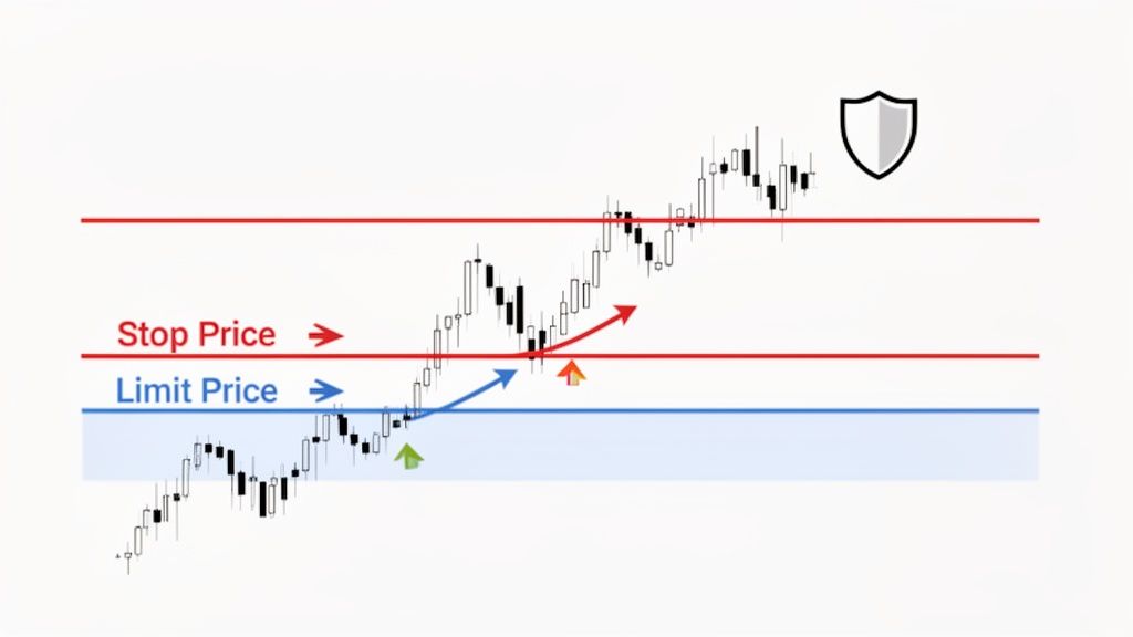 Candlestick chart illustrating stop and limit price levels for a stop-limit order in trading.