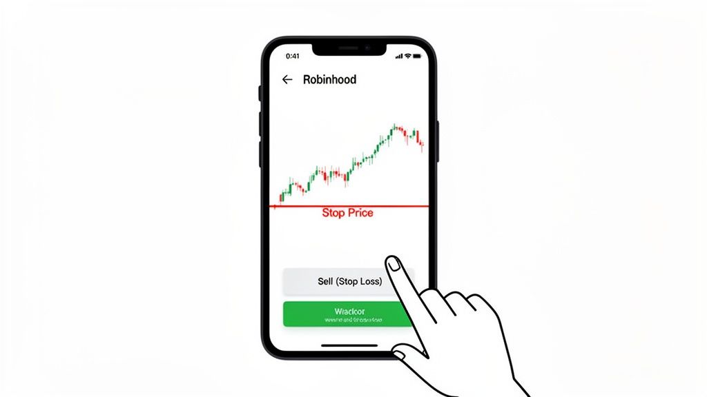 A hand taps 'Sell (Stop Loss)' on the Robinhood app, displaying a stock chart and stop price line.