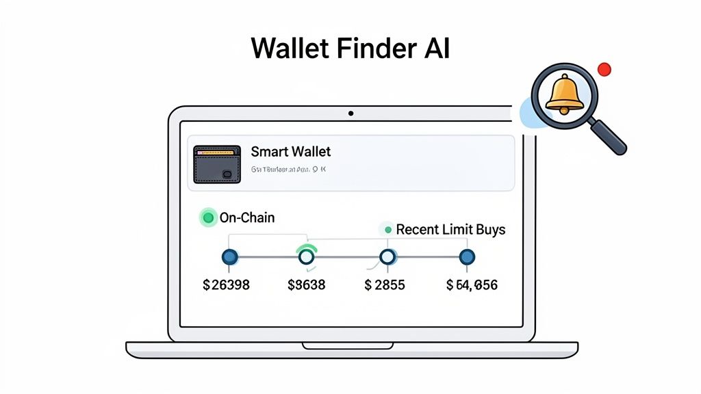 Laptop displays Wallet Finder AI with smart wallet data, on-chain timeline, and recent limit buys.