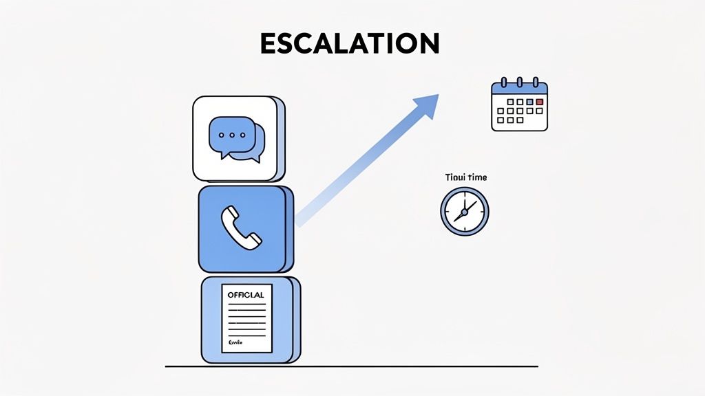 Diagram illustrating an escalation process, from chat and calls to official documents, indicating time progression.