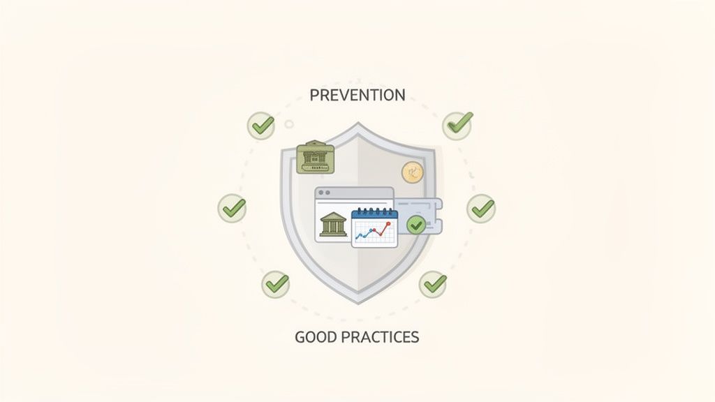 A shield representing financial prevention and good practices, surrounded by checkmarks, with banking and data icons.
