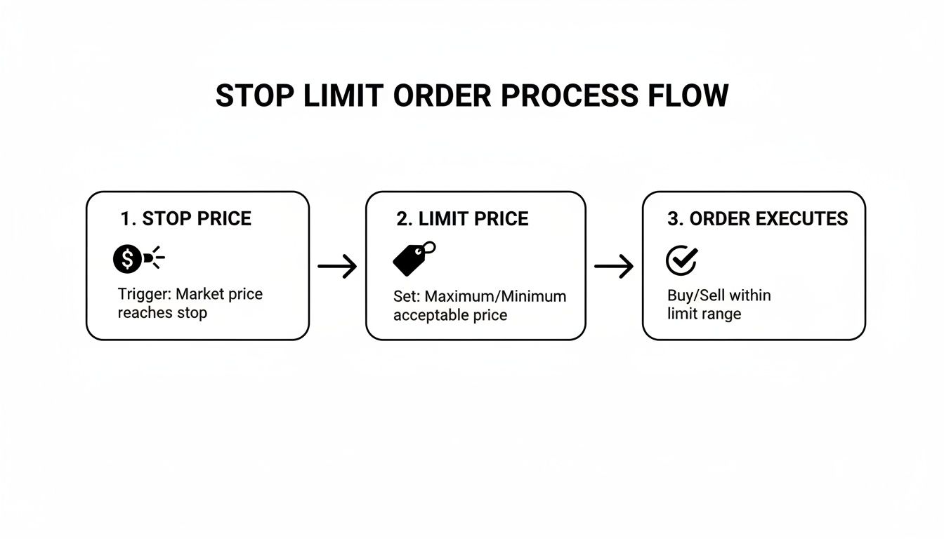A flowchart illustrates the three-step stop limit order process: stop price, limit price, and order execution.