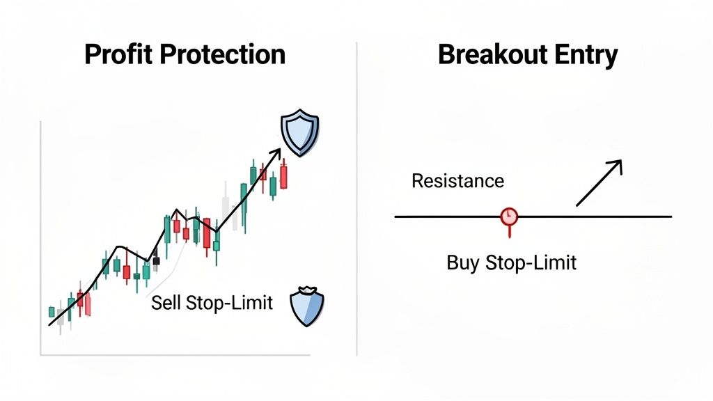 Illustrates trading strategies: profit protection with sell stop-limit on a rising chart and breakout entry with buy stop-limit at resistance.