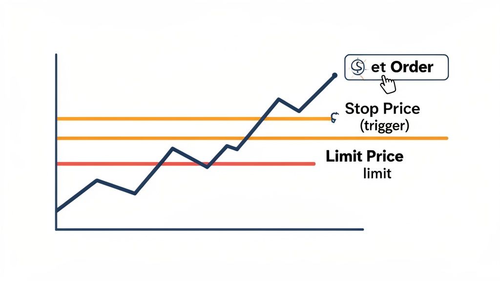 A line graph demonstrating a stop-limit order, showing the stop price, limit price, and a 'Set Order' button.