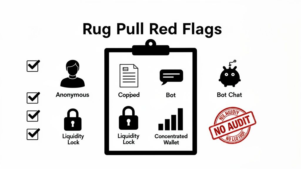 Infographic showing various rug pull red flags like anonymous teams, copped code, bot activity, liquidity lock, concentrated wallets, and no audit.