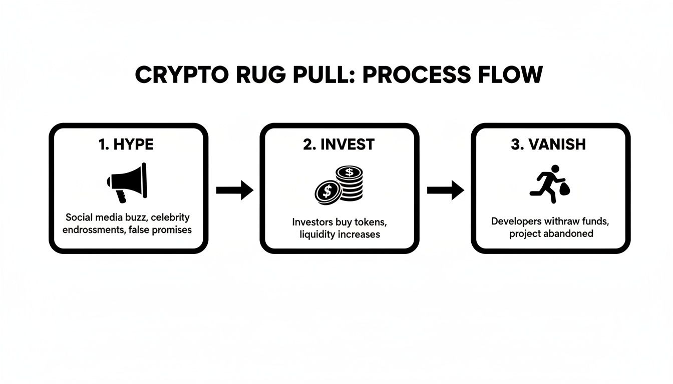 A flowchart showing the three steps of a crypto rug pull: Hype, Invest, and Vanish.