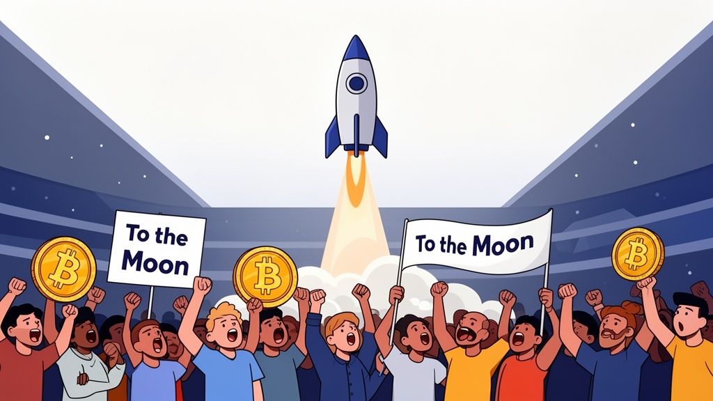 A cheering crowd with 'To the Moon' signs and Bitcoin coins watching a rocket launch.