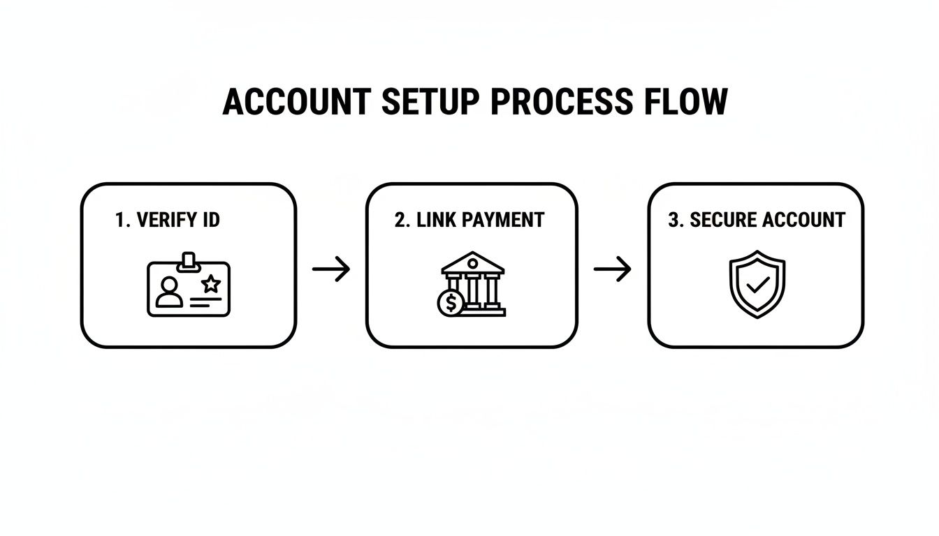 A three-step diagram illustrating the account setup process: verify ID, link payment, and secure account.