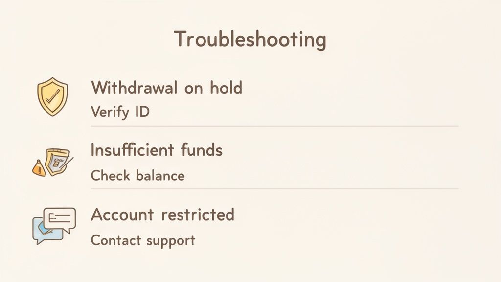 A troubleshooting guide showing solutions for withdrawal, insufficient funds, and account restriction issues.
