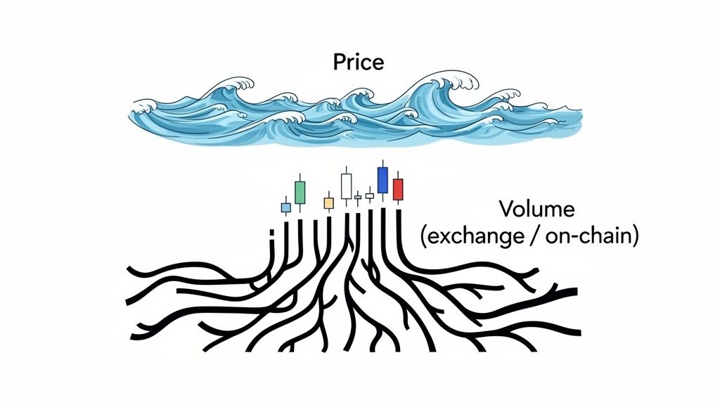 An illustration showing price as ocean waves above volume represented by roots and candlesticks.