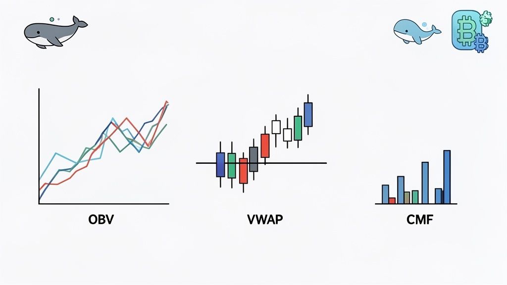 Three financial charts (OBV, VWAP, CMF) depicting volume analysis, alongside crypto whale illustrations.