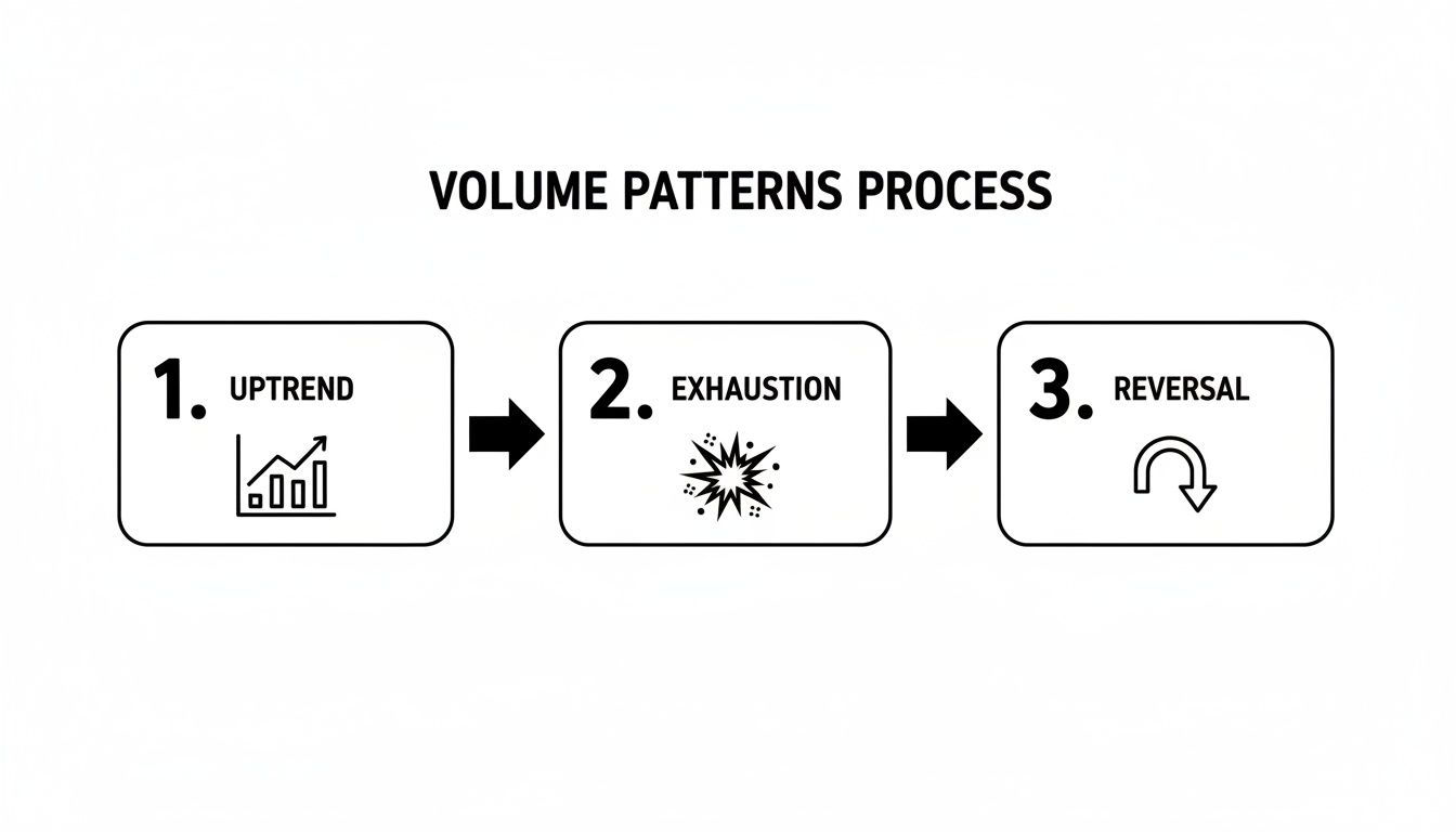 Diagram illustrating the three-step volume patterns process: uptrend, exhaustion, and reversal.