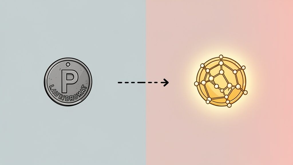 A laundromat token transforms into a glowing, network-structured digital coin, representing blockchain.