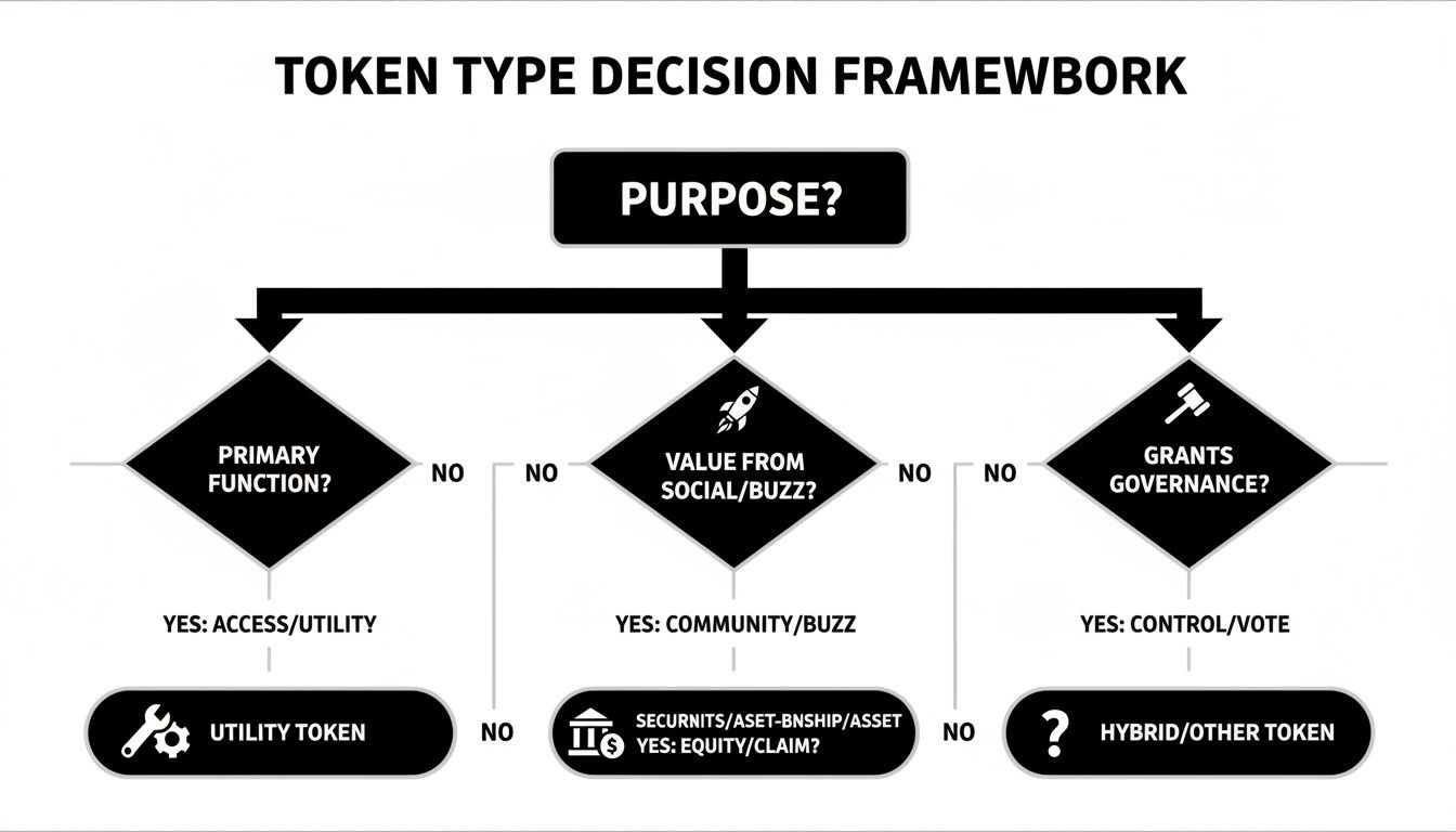 A flowchart detailing a token type decision framework based on purpose, function, social value, and governance.