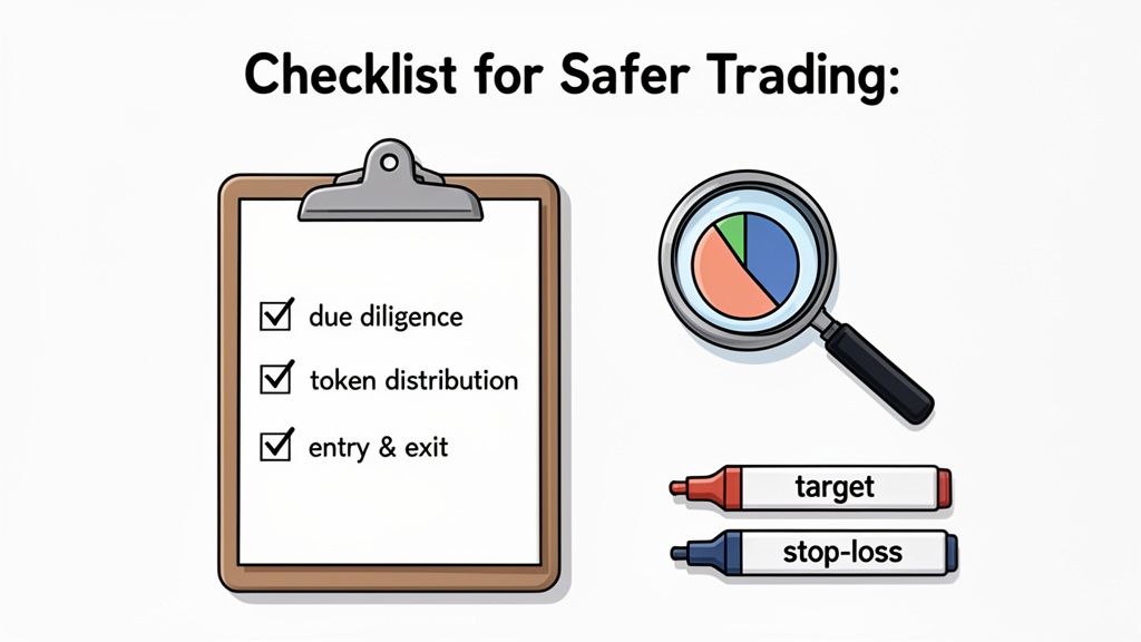 A checklist for safer trading with due diligence, token distribution, entry & exit, plus target and stop-loss.