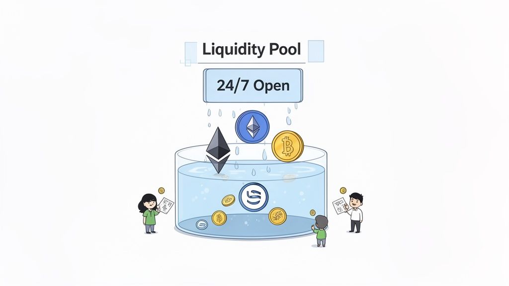 Illustration of a crypto liquidity pool, open 24/7, with various digital assets like Ethereum and Bitcoin.