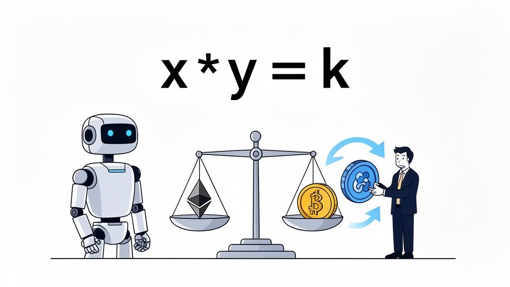 An illustration showing a robot, a balance scale with Ethereum and Bitcoin, a man exchanging a coin, and the equation x*y=k.
