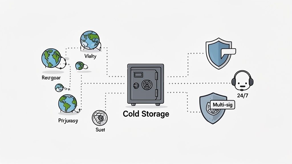 A diagram illustrating a cold storage safe connected to global entities, multi-signature security, and 24/7 support.