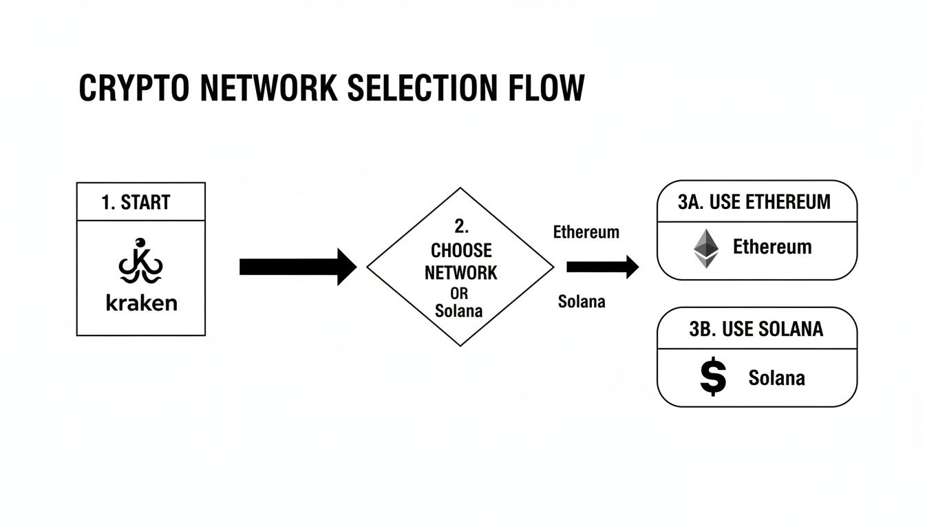 Flowchart illustrating the crypto network selection process on Kraken, choosing between Ethereum and Solana.