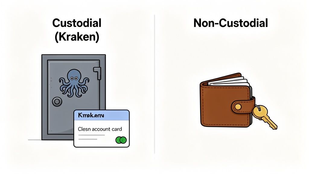An illustration comparing custodial (Kraken safe) and non-custodial (wallet with key) cryptocurrency storage options.