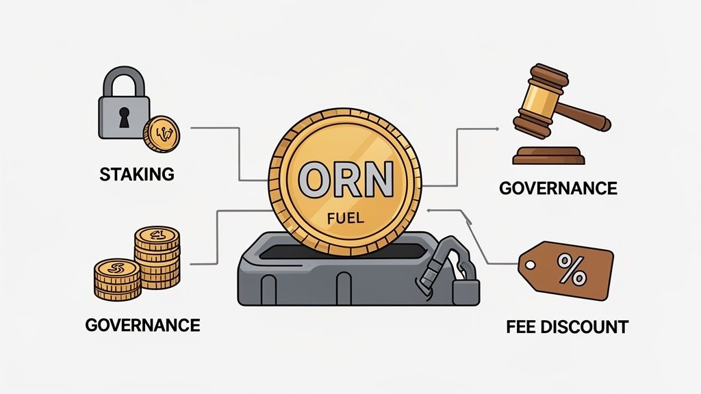 A diagram illustrates ORN FUEL token utilities: staking, governance, and fee discounts.