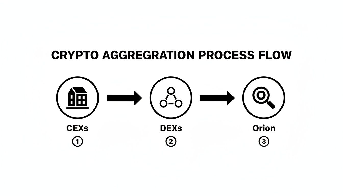 Diagram showing the crypto aggregation process flow, moving from CEXs (centralized exchanges) to DEXs (decentralized exchanges), finally to Orion.