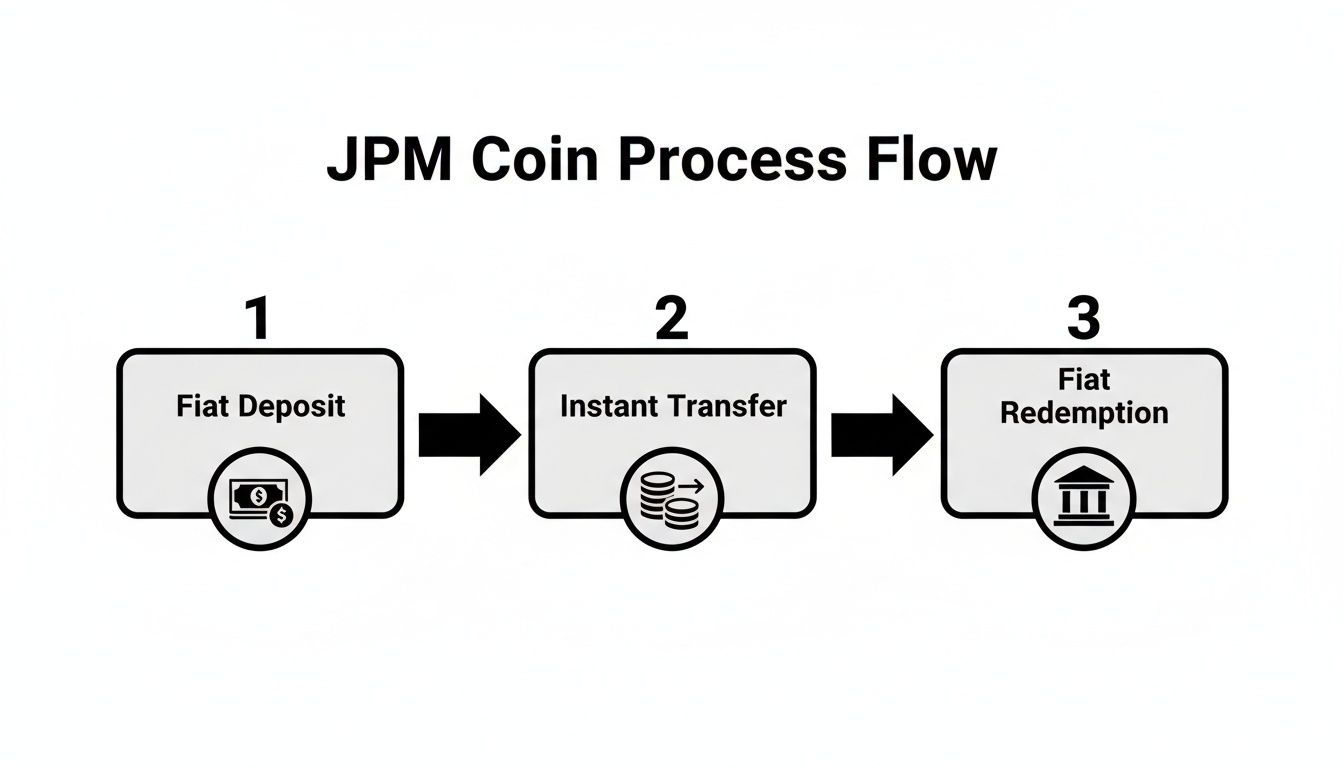 JPM Coin process flow diagram illustrating fiat deposit, instant transfer, and fiat redemption steps.