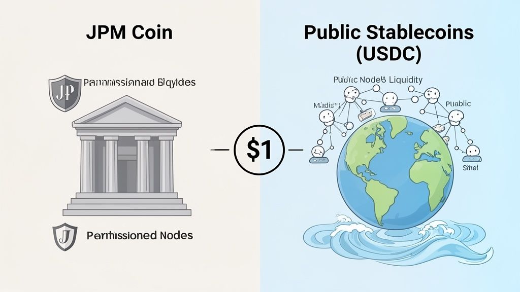 Image comparing JPM Coin, a permissioned, bank-centric stablecoin, with Public Stablecoins like USDC, representing global, public liquidity.