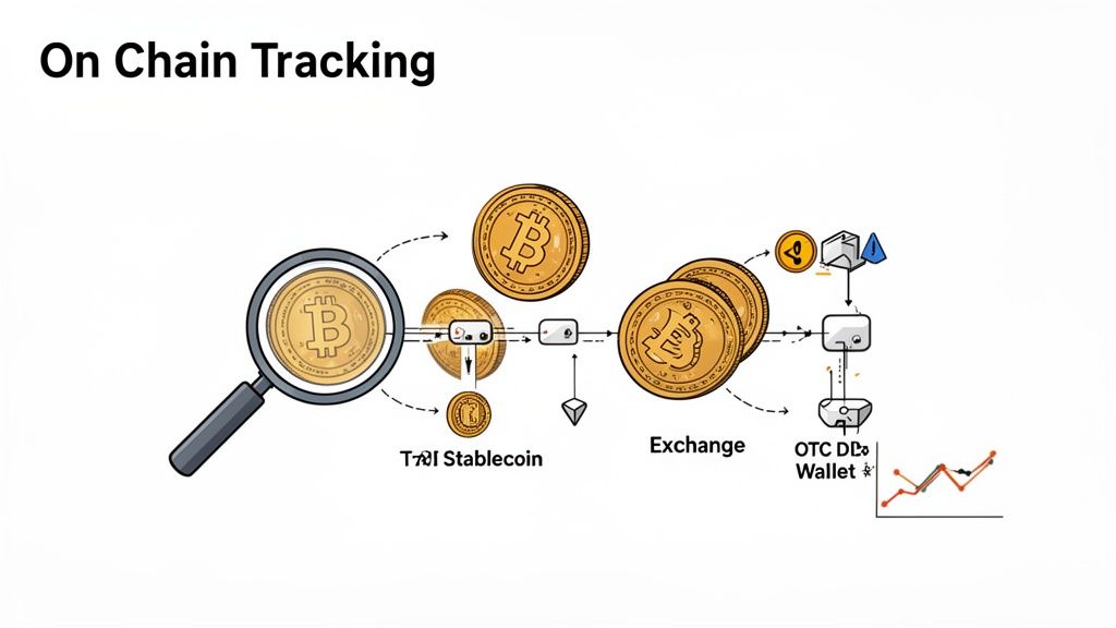Illustration depicting on-chain tracking of cryptocurrency, showing Bitcoin, Stablecoin, Exchange, and OTC Wallet leading to a price chart.