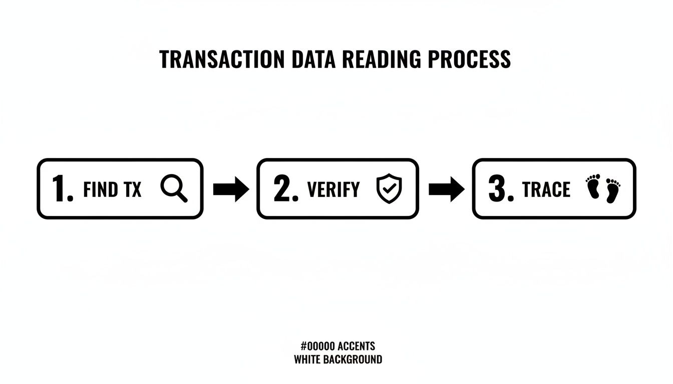 A three-step transaction data reading process flowchart showing Find TX, Verify, and Trace steps.