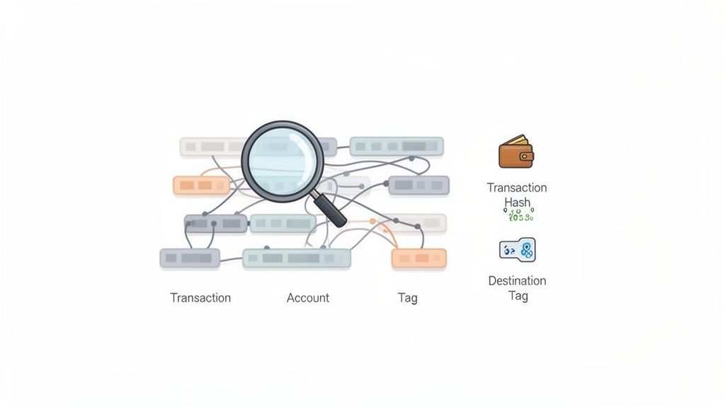 A magnifying glass over a network of blockchain nodes (transactions, accounts, tags), with icons for transaction, hash, and destination tag.