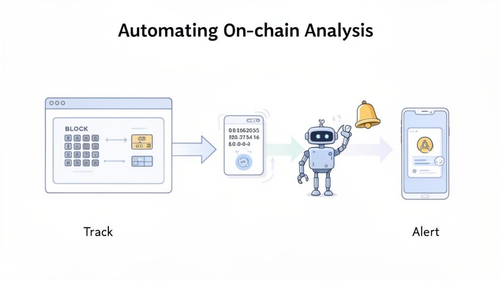 Illustration showing automated on-chain analysis from tracking blockchain data to mobile alerts.